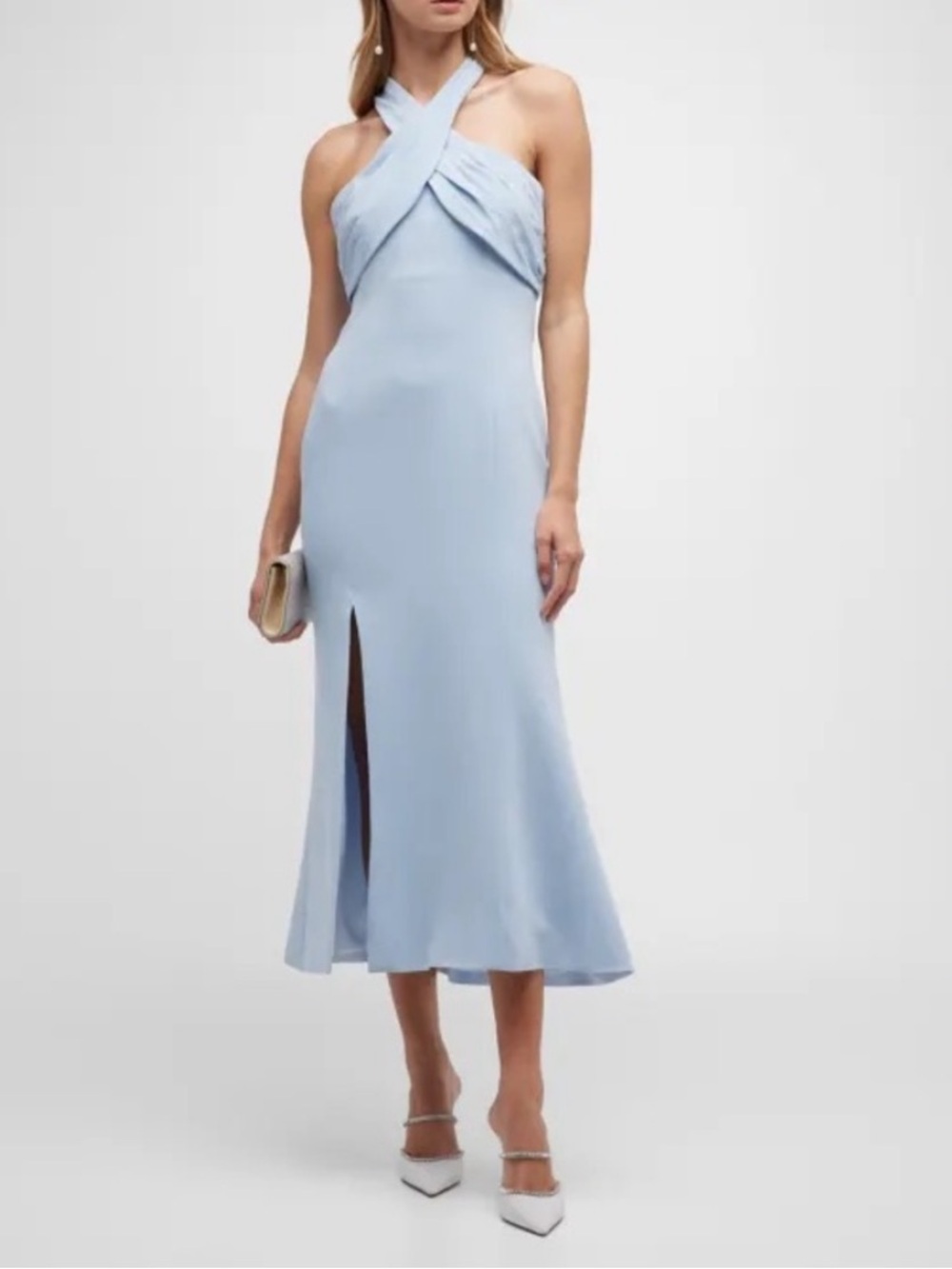 cinq a sept Pale Blue Cross-Halter Trumpet Midi Dress